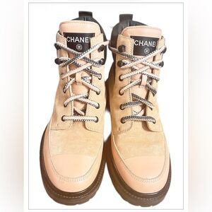 CHANEL Blush Pink Suede & Leather Lace-Up Boots with Black Soles
